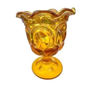 Vtg L E Smith Amber Glass Moon & Stars Pedestal Compote / Candy Dish 5 3/4” Tall